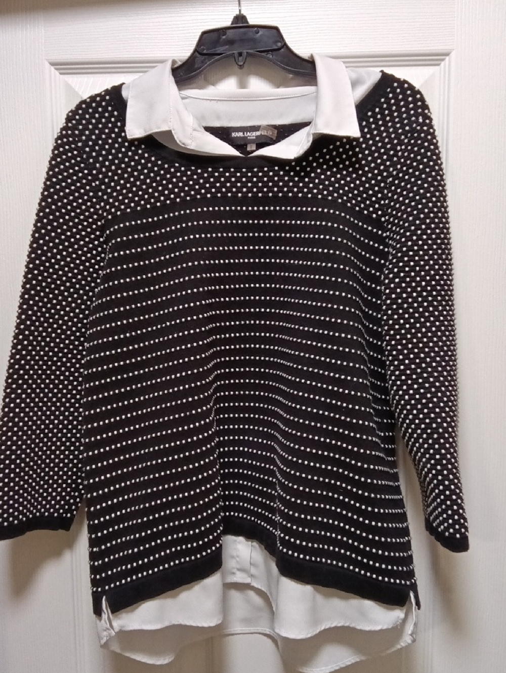 Karl Lagerfeld Black and White Faux-Layered Dot-Striped Sweater Size M